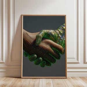 Digital Human AI Handshake Holographic Green Wireframe Technology Futuristic Wall Art Print