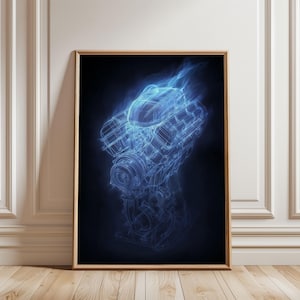 May include: A framed wall art print featuring a glowing blue wireframe illustration of a V8 internal combustion engine. The engine design is rendered in luminous light blue lines against a solid black background, creating a technical aesthetic.