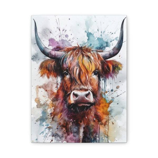 Art mural peinture vache Highland, Poster en toile, Cadeau, Aquarelle, Illustration de peinture animalière colorée, Art mural nature, Décoration d'intérieur, Impression
