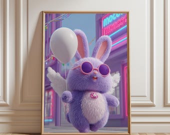 Purple Bunny with Sunglasses and Balloon Wall Decor Print – Neon City Kawaii Art