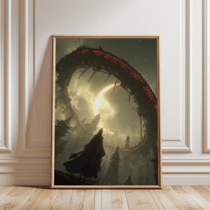 May include: Framed artwork depicting a dark fantasy scene. A figure in a cloak stands before a large, ring-shaped structure with red lights, set against a cloudy sky with a bright, crescent-shaped light source. The artwork is in a wooden frame.