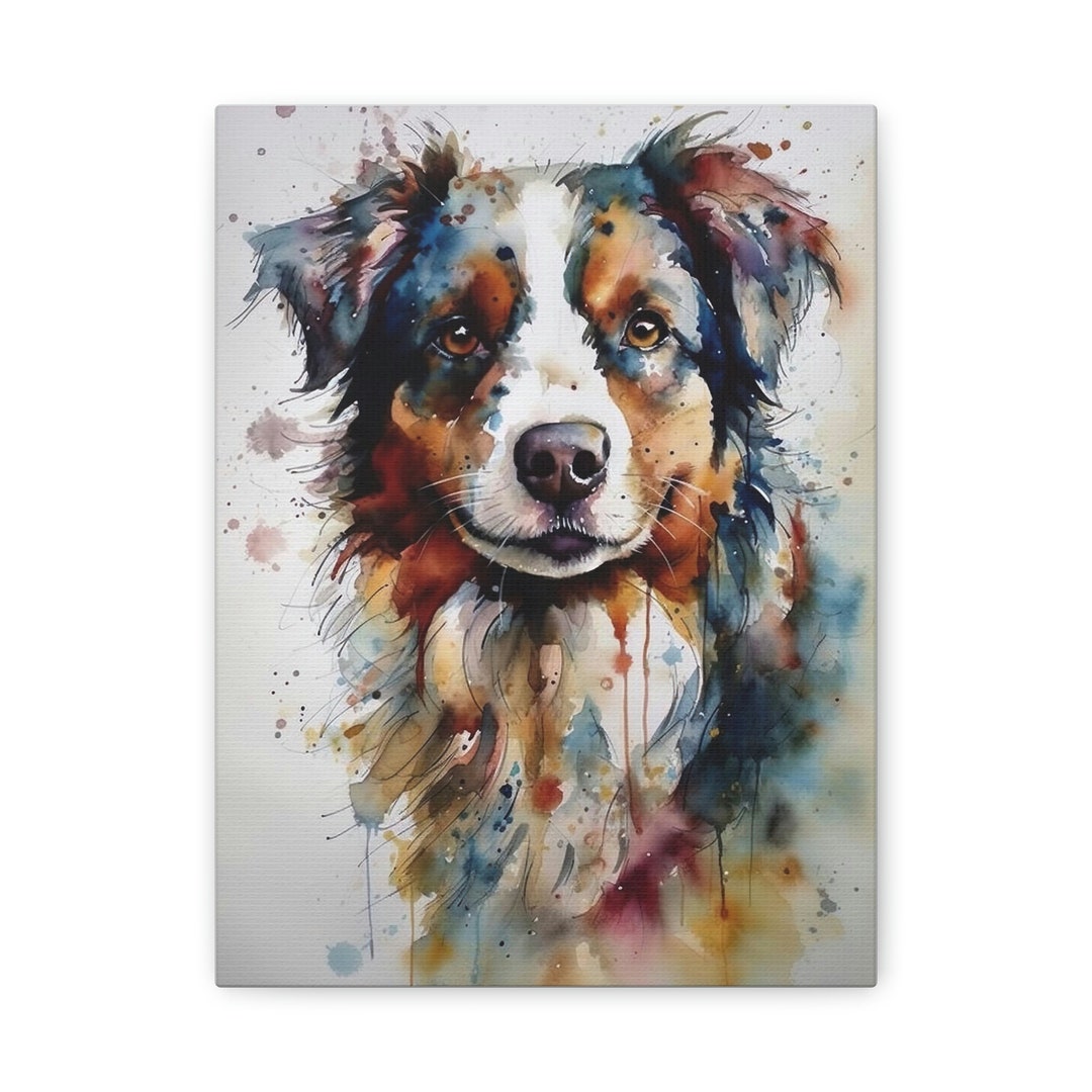 Watercolor Australian Shepherd Painting Wall Art Canvas Etsy