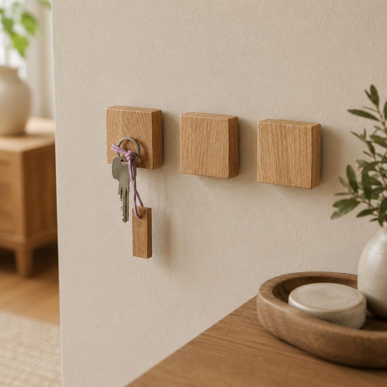 May include: Three square light brown wooden wall hooks mounted horizontally. The leftmost hook holds a silver metal key ring with a small wooden tag attached by a thin purple cord. The wood grain is visible on each of the three square blocks.