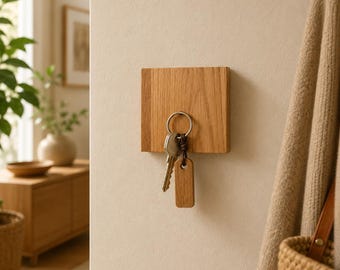 Magnetische sleutelhouder van massief eikenhout – Handgemaakte sleutelhouder zonder boren | Minimalistisch wandontwerp