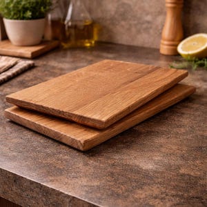 Pu&ograve; includere: Due taglieri rettangolari in legno impilati su un piano di lavoro marrone. Le tavole hanno una venatura naturale del legno e un colore marrone chiaro. L'ambiente della cucina comprende una pianta, una bottiglia d'olio e un limone.