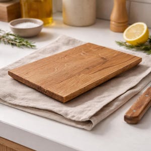 Pu&ograve; includere: Un tagliere rettangolare in legno di colore marrone chiaro poggia su un panno di lino beige. La tavola &egrave; circondata da oggetti da cucina, tra cui una bottiglia d'olio, una ciotola di sale e un limone.