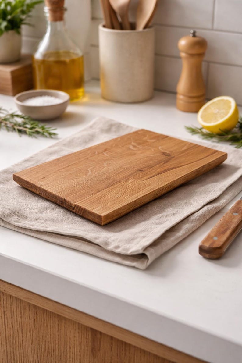 Pu&ograve; includere: Un tagliere rettangolare in legno di colore marrone chiaro poggia su un panno di lino beige. La tavola &egrave; circondata da oggetti da cucina, tra cui una bottiglia d'olio, una ciotola di sale e un limone.