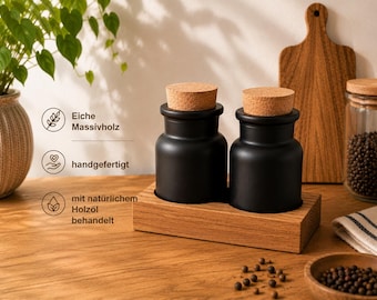 Wooden spice jar set made of oak with black glass and cork, salt and pepper, handmade in Germany