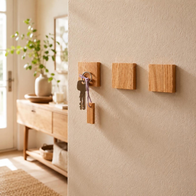 May include: Three square light brown wooden wall hooks mounted on a beige wall. The leftmost hook holds a silver metal keyring with a metal key and a small rectangular wooden tag attached by a thin purple string, while the other two remain empty.
