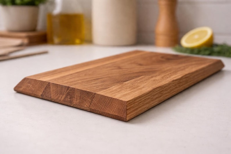 Pu&ograve; includere: Un tagliere rettangolare in legno con finitura a venature naturali. La tavola ha un bordo smussato su un lato. Il tagliere &egrave; realizzato in legno marrone chiaro ed &egrave; adatto per l'uso in cucina.