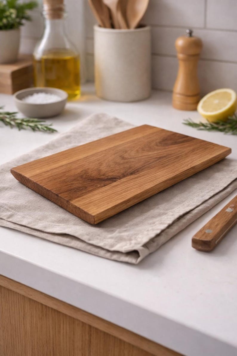 Pu&ograve; includere: Un tagliere rettangolare in legno con finitura marrone chiaro poggia su un panno di lino beige. La tavola &egrave; circondata da oggetti da cucina, tra cui una ciotola di sale, una bottiglia d'olio e un limone.