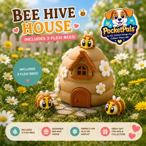 May include: A whimsical bee hive house with a brown, layered design, adorned with white daisy accents. The house features a small door and a roof with a bee figurine on top. Includes three flexi bees. The image also includes the text "Bee Hive House" and "PocketPals".