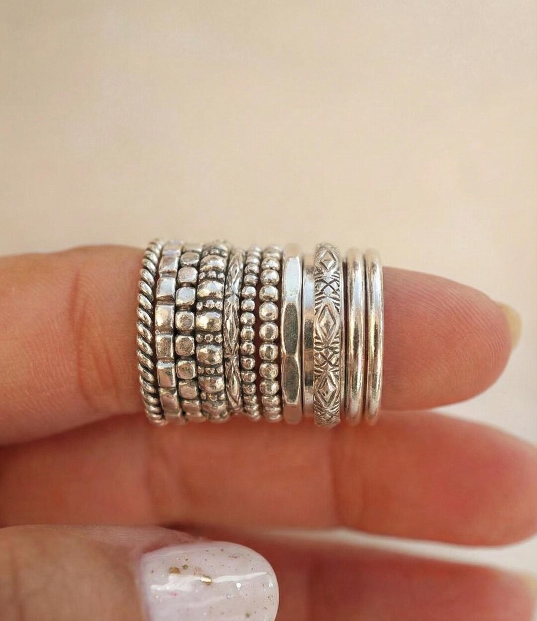Silver Patterned Rings Sterling Silver Stacking Rings Set – Boho Dotted Patterned 12-piece Set ...