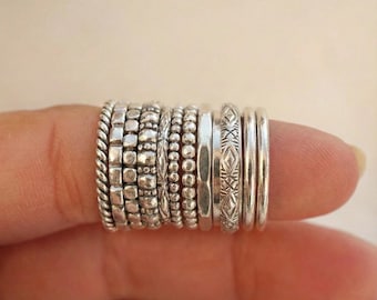 Sterling Silver Stacking Rings Set – Boho Dotted Patterned 12-Piece Set Handmade Jewelry