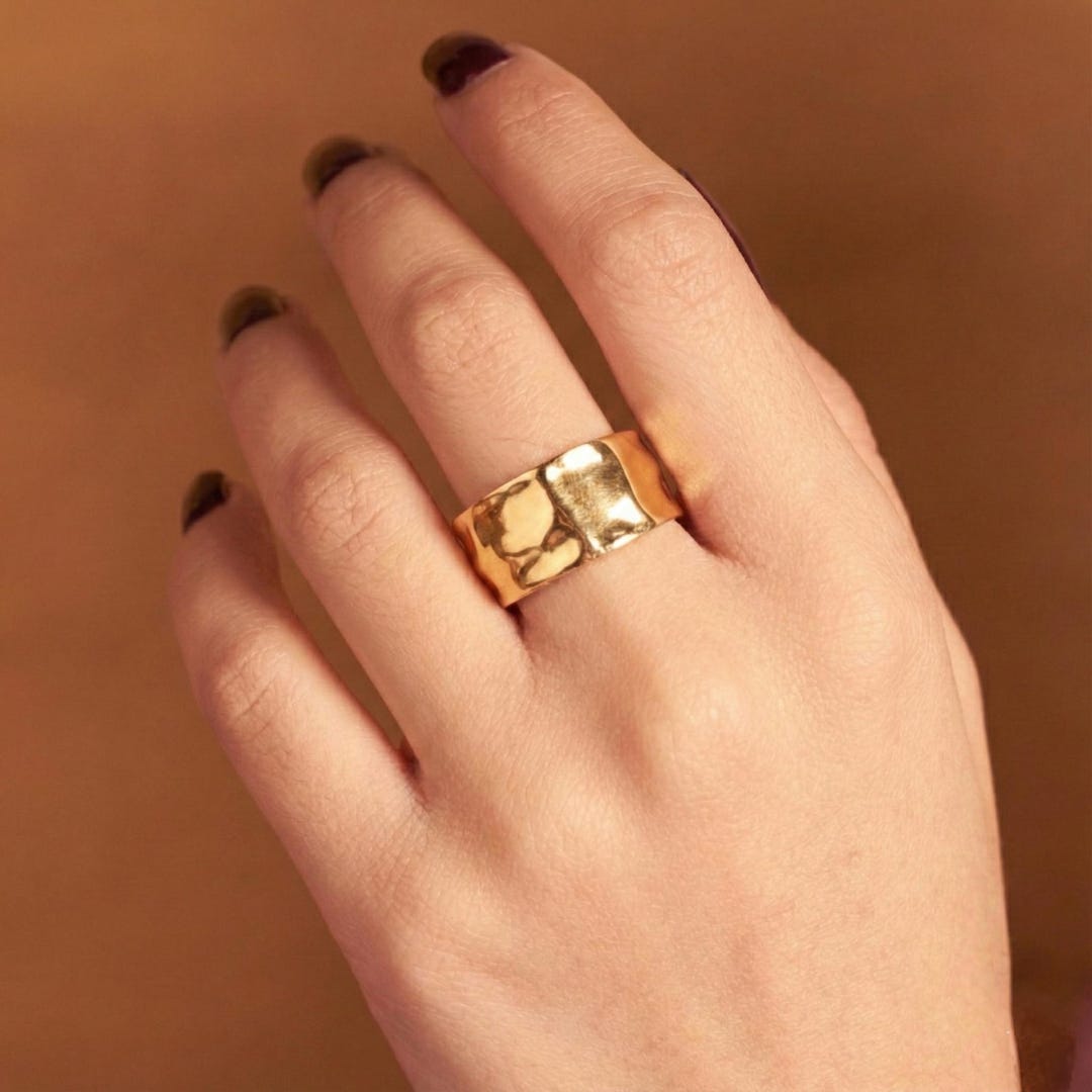 Hammered Gold Wide Band Ring | 18K Plated Adjustable Statement Ring - Etsy