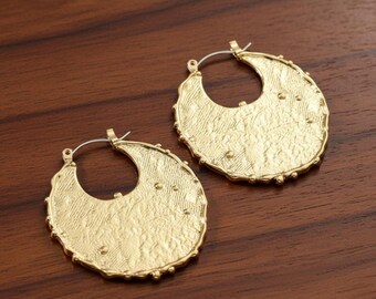 Textured Gold Hoop Earrings • Statement Boho Chic , Charm Earrings Gift For Her, Cristmas Gifts