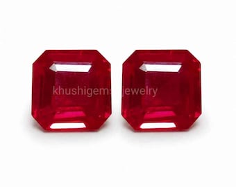 Lab Ruby Gemstone Loose Square Asscher Cut Ring Earrings Pendant Necklace Jewelry Make Gift Her 5mm to 15mm Pigeon Blood Red 9 Hardness