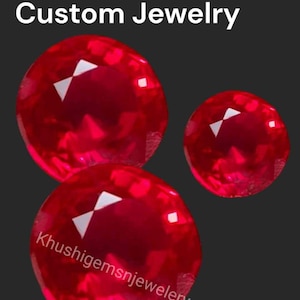 May include: Three red gemstones, with a faceted cut, are displayed on a black background. The text "Provenance Custom Jewelry" and "Prices Starting At" are visible. The text "Khushigemsnjewelry" is also visible.