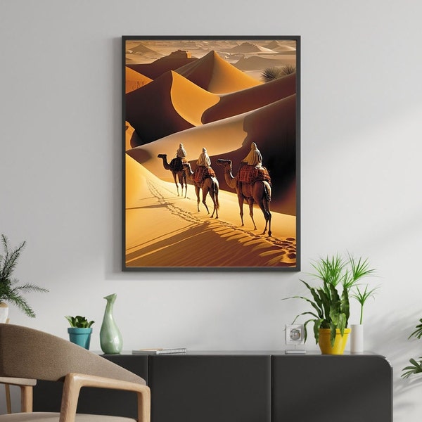 Touaregs dans le désert - Poster encadré bois noir