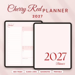 2027 Cherry Red Digital Planner, Aesthetic Red GoodNotes Planner, Dated Daily Weekly Monthly, Hyperlinked Planner, Printable A4 Letter