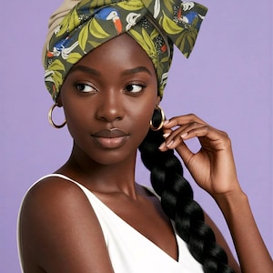 May include: A woman wearing a beige and olive green patterned head wrap with a large bow. The head wrap features a design of leaves and birds. She is also wearing gold hoop earrings and a white top. Her long, black hair is styled in a braid.