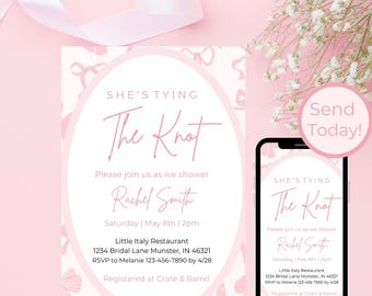 Brautparty-Einladung mit rosa Schleife, bearbeitbare Canva-Vorlage