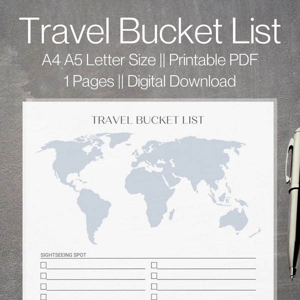 Travel Bucket List Printable | Wanderlust List | Travel To Do List | Dream Trips | Travel Wish List | Digital Travel Journal A4,A5,Letter