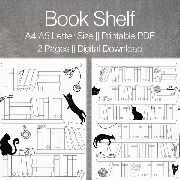 Bookshelf Printable Template | Cat Bookshelf | Book Tracker | Reading Challenge 50-100 books | Reading Log | Coloring Book A4,A5,Letter Size