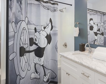 Steamboat Mouse Douchegordijn Zwart-wit douchegordijn Cartoon Muis badkamerinrichting Grillig Kind Badkamer Ontwerp Muisoren