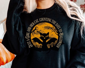 Black cat halloween sweatshirt gift for cat lover sweatshirt girl and her cat sweatshirt fall sweatshirt for women spooky cat sweatshirt