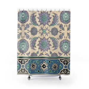 Arabian Blue Shower Curtain, arabian floral art shower curtain, botanical shower curtain, green bathroom art, boho shower, islamic art