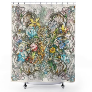 Floral Filigree Shower Curtain, Botanical shower curtain, art deco bathroom decor, dark academia, boho bathroom, aesthetic apartment decor
