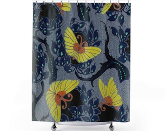 Butterfly Shower Curtain, butterfly art shower curtain, botanical shower curtain, blue bathroom art, woodblock art, boho shower curtain