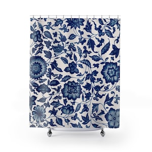 Blue and White Shower Curtain, Floral shower curtain, blue shower curtain, Vintage floral art bath curtain, bathroom decor, blue flowers