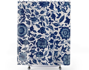 Blue and White Shower Curtain, Floral shower curtain, blue shower curtain, Vintage floral art bath curtain, bathroom decor, blue flowers