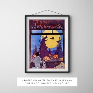 Vintage Halloween Art Print, Printed and Shipped, Halloween Magazine Cover, Halloween Decor, Wife Halloween, Spooky Vintage Halloween Moon