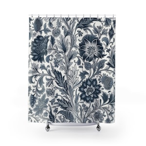 Dunkelblau und Weißer Duschvorhang Blauer Blumenduschvorhang, Vintage Badewannenvorhang mit Blumenmuster, Cottagecore Badezimmer, traditionelle Dusche
