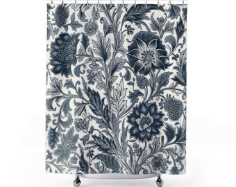 Dark Blue and White Shower Curtain Blue, Floral shower curtain, Vintage floral bathtub curtain, cottagecore bathroom, traditional shower