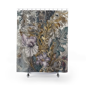 Muted Floral Shower Curtain, Botanical shower curtain, art deco bathroom decor, dark academia boho bathroom aesthetic apartment decor floral
