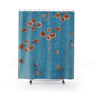Blue Floral shower curtain, Japanese woodblock art, blue and red bathroom, garden shower curtain, vintage art, traditional home aesthetic