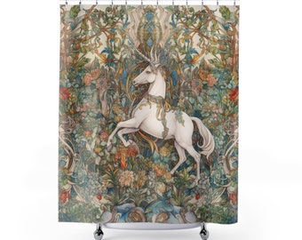 Eenhoorn douchegordijn, botanisch douchegordijn, art deco badkamer decor, donkere academische wereld, boho badkamer, esthetische appartement decor fantasie