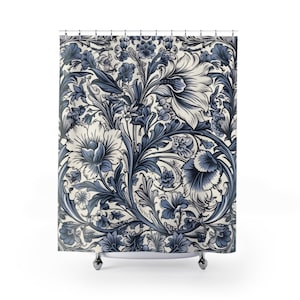 Dunkelblauer und weißer Duschvorhang blau, floraler Duschvorhang, Vintage floraler Badewannenvorhang, Cottagecore-Badezimmer, traditionelle Dusche