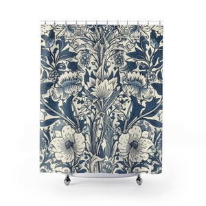 Dunkelblauer und weißer Duschvorhang blau, floraler Duschvorhang, Vintage floraler Badewannenvorhang, Cottagecore-Badezimmer, traditionelle Dusche