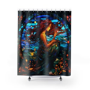 Mermaid Shower Curtain Stained Glass shower curtain, Marine shower curtain, art deco bathroom decor, aesthetic apartment decor, mermaid art