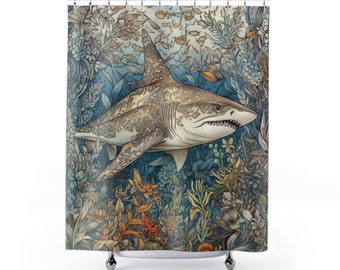 Tenda da doccia Shark, tenda da doccia botanica, arredamento bagno art déco, dark academia, bagno gotico stravagante, arredamento estetico per appartamenti