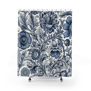 Dunkelblauer und weißer Duschvorhang blau, floraler Duschvorhang, Vintage floraler Badewannenvorhang, Cottagecore-Badezimmer, traditionelle Dusche