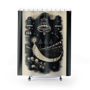 May include: Shower curtain featuring a vintage illustration with a dark background and a celestial theme. The artwork depicts a figure with a sun-like halo, a crescent-shaped boat, and various light-emitting objects, creating a whimsical and dreamlike scene.