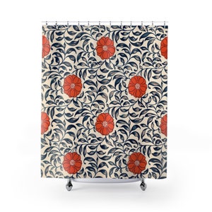 Vintage Blumen Duschvorhang, Orange Blumen Kunst Duschvorhang orange und schwarz Garten Duschvorhang traditionellen Blumen Badvorhang