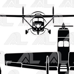 May include: Black and white silhouette of three airplanes. The top airplane is a small plane with a single propeller. The bottom two airplanes are larger and have two propellers. The airplanes are facing different directions.