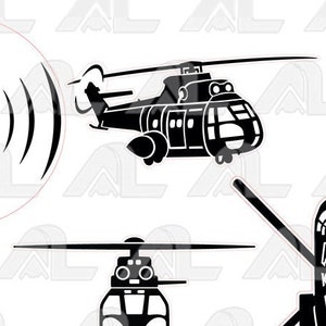 以下が含まれることがあります： 異なる位置にあるヘリコプターの黒いシルエットのイラスト5つセット。ヘリコプターはすべて同じモデルで、上部にシングルローター、テールローターが装備されている。